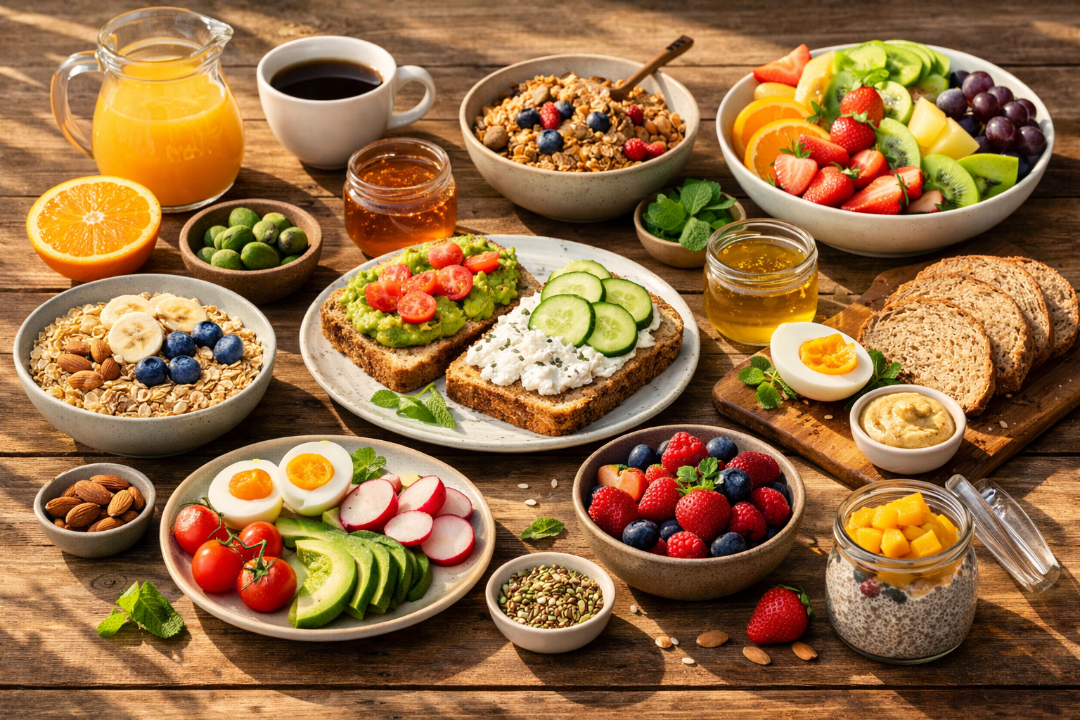 Fresh healthy breakfast table with colorful fruits, vegetables, whole grains, and natural ingredients arranged in morning sunlight on wooden surface